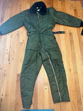Vtg Sears Snowmobile Suit Mens M Olive Green Belted Insulated Coveralls Quilted